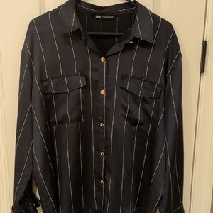 Zara Navy Striped Shirt with Gold Buttons